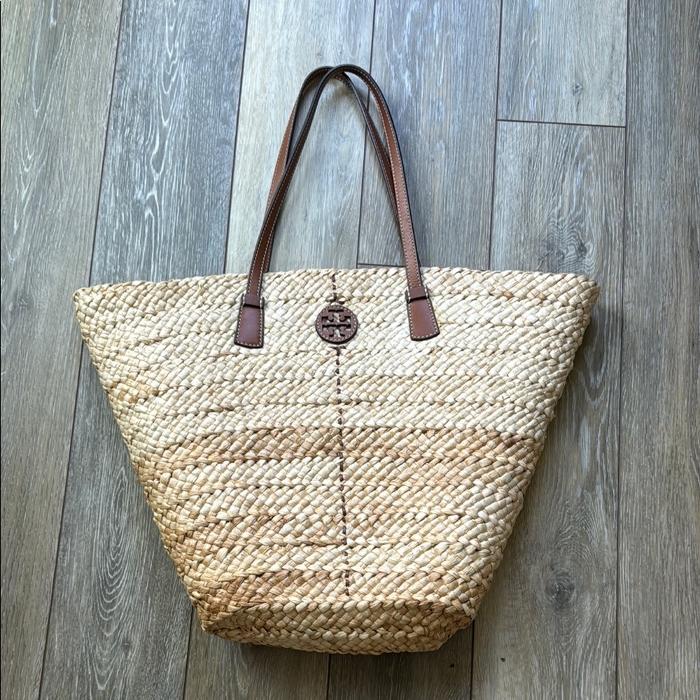 Tory Burch Natural Straw Tote with Brown Leather Handles